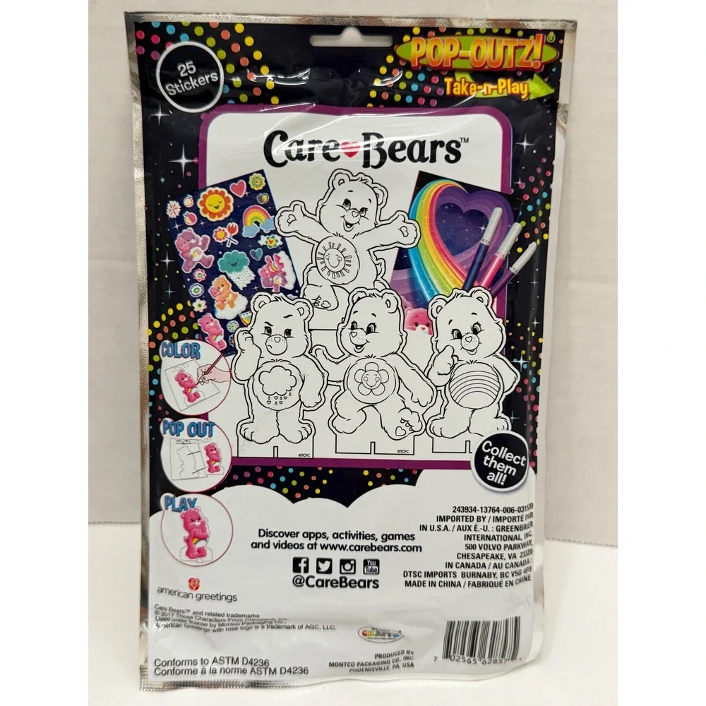 Care Bears Pop-Outz Take-n-Play Color and Play Activity Kit Stickers Markers NEW